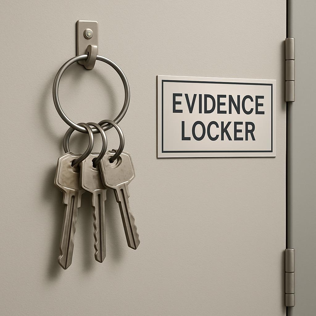 The evidence locker door features three metal keys on a large circular metal ring securely attached to its handle. The thr...