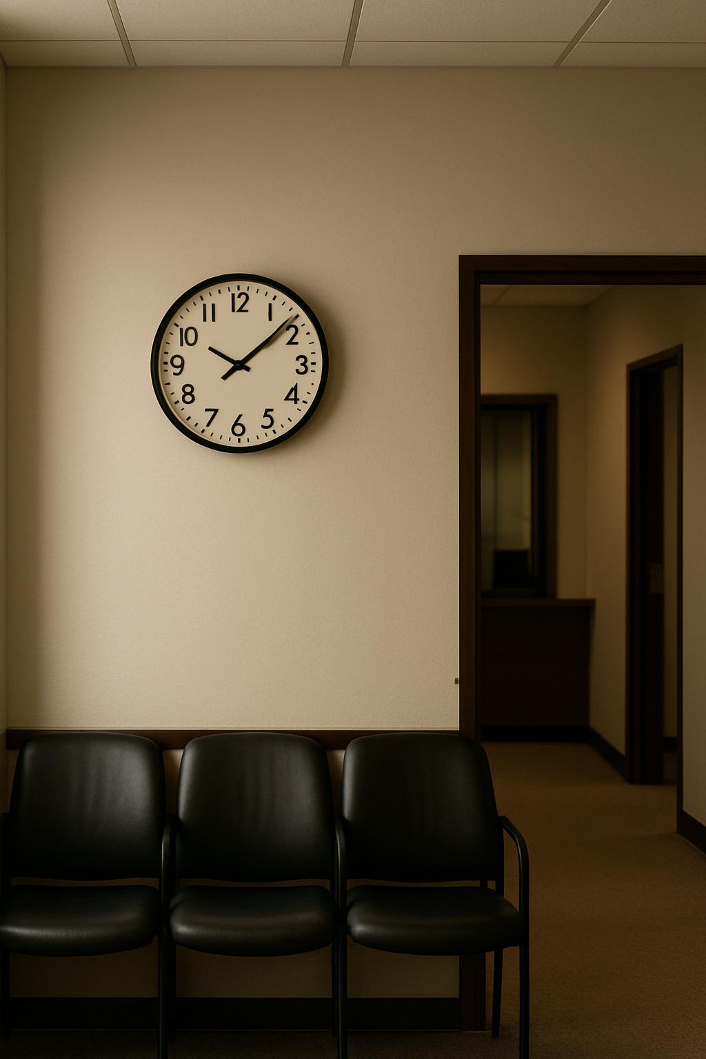 Four black chairs sit against a wall outside an office hallway, below an analog clock digitizing at 2:53. Sunlight filters...