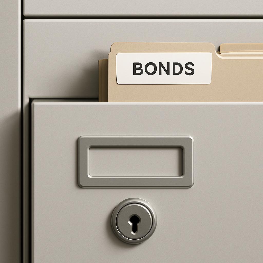 A file folder labeled "Bonds" sits in a filing cabinet, its contents unclear but potentially related to financial or contr...